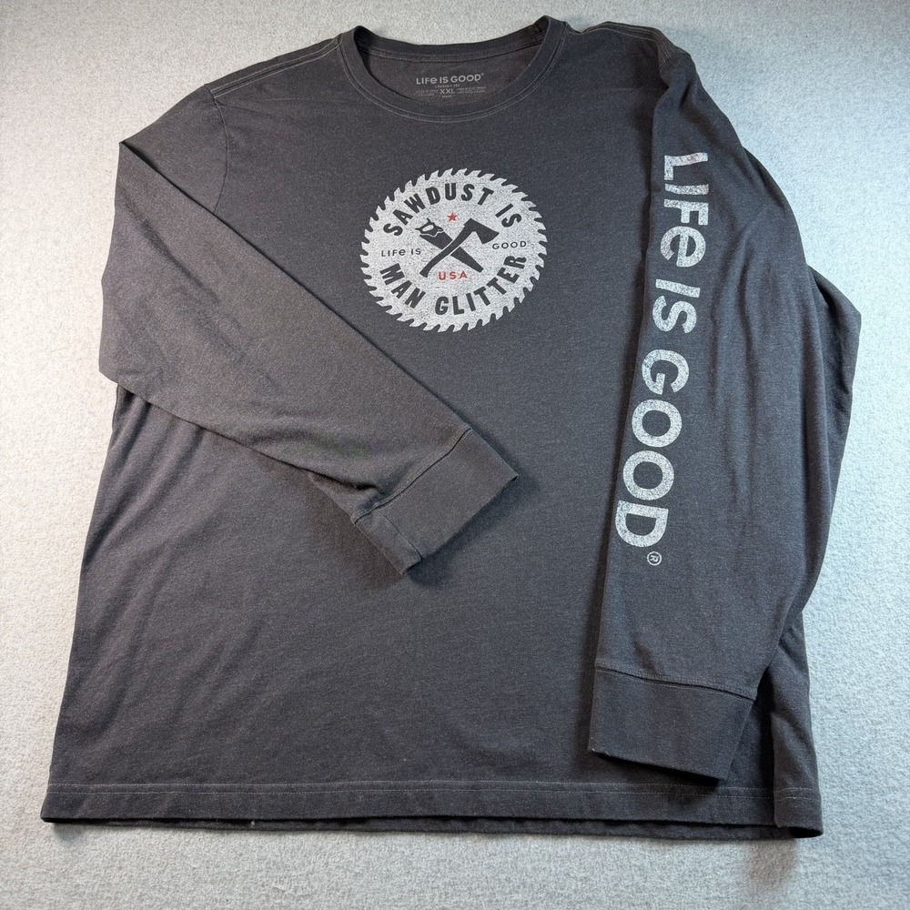 Life Is Good Mens XXL Gray Long Sleeve Sawdust Is Man Glitter Crusher Tee Shirt